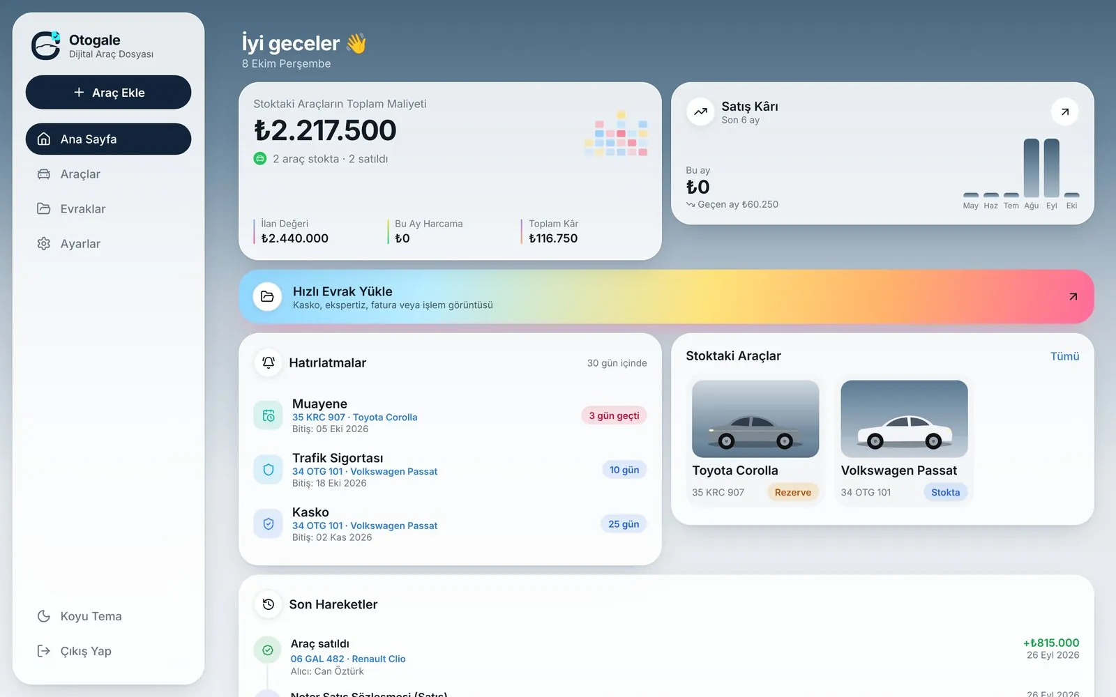Otogale web uygulaması ana sayfası
